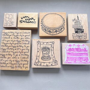 Vintage Rubber Stamp Happy Birthday, Cake, Balloons, Presents and Sayings