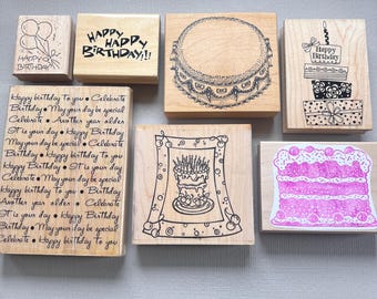 Vintage Rubber Stamp Happy Birthday, Cake, Balloons, Presents and Sayings