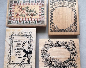 Vintage Rubber Stamps Merry Christmas Holiday Frames Wood Mounted Stamps