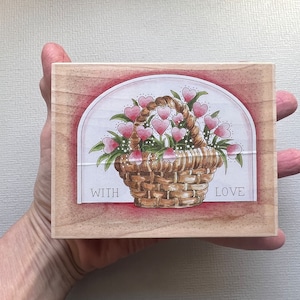 Rubber Stamp Stamps Happen Basket of Love Heart Flowers Vintage Wood Mounted Rubber Stamp