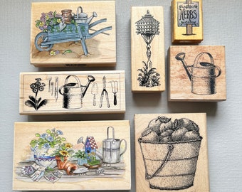 Vintage Rubber Stamps Garden Theme Scenic Nature Wood Mounted Stamps