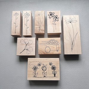 Rubber Stamps Flowers Line Art Wood Mounted Stamps