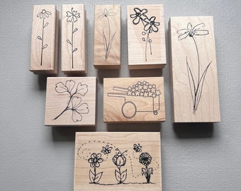 Rubber Stamps Flowers Line Art Wood Mounted Stamps