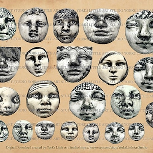 Digital Download of Clay Faces for Mixed Media Art, Art Journaling and Art Dolls