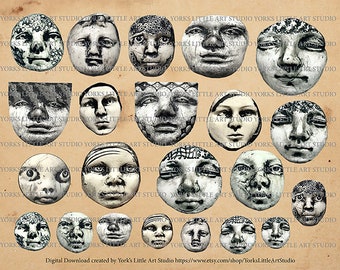 Digitaler Download von Clay Faces für Mixed Media Art, Art Journaling und Art Dolls