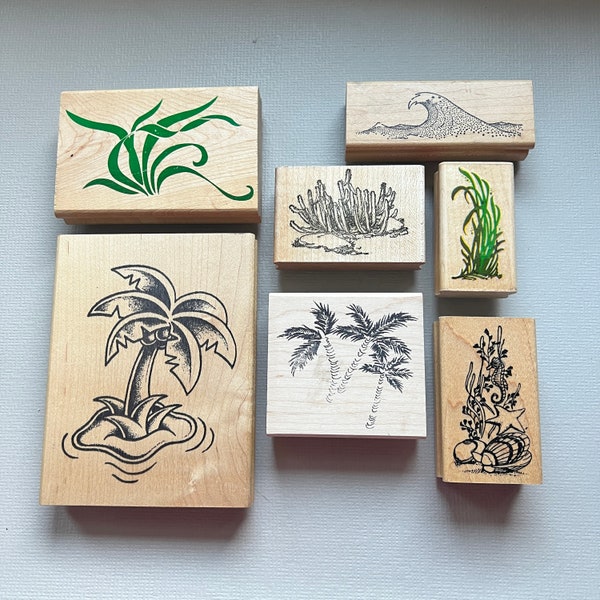 Vintage Palm Trees, Seaweed, Waves, Shells and Beach Theme Wood Mounted Stamps