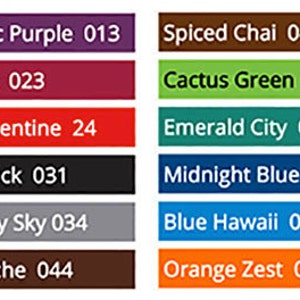 May include: A color chart with 12 different paint colors. The colors are: Gothic Purple 013, Claret 023, St. Valentine 24, Jet Black 031, Cloudy Sky 034, Ganache 044, Spiced Chai 045, Cactus Green 052, Emerald City 054, Midnight Blue 062, Blue Hawaii 065, and Orange Zest 071.