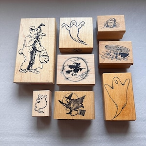 Vintage Rubber Stamps Halloween Witch, Ghost, Costumes, Tombstone Wood Mounted Craft Rubber Stamps