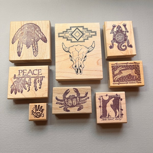 Vintage Native American Southwest Turtle, Skull, Wolf, Rabbit, Feathers Primitive Rubber Stamps from Acey Deucy and other companies