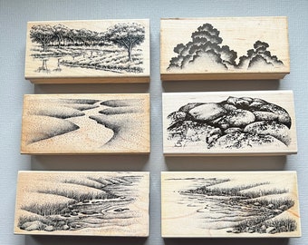 Vintage Stampscapes Outdoor Landscape Trees, Clouds, Grass and Rock Nature Scenes Rubber Stamps