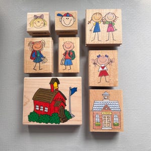 Vintage Rubber Stamp Pick Your Cute Kids or Schools Wood Mounted Stamps