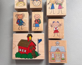 Vintage Rubber Stamp Pick Your Cute Kids or Schools Wood Mounted Stamps