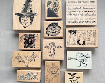 Rubber Stamps Halloween Bat, Scary Guy, Devil, Cat and Pumpkin Vintage Art Stamps