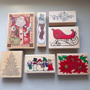 Vintage Rubber Stamps Christmas, Snowman, Santa, Sleigh, or Christmas Tree Wood Mounted Stamps
