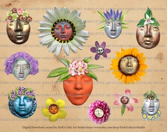 Digitaler Download von Clay Faces und Blumenhüten für Mixed Media Art and Art Dolls 2 Sheets