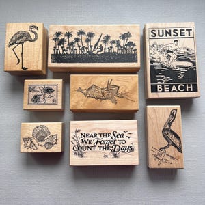 Rubber Stamp Beach Shells, Fish, Birds, Surfing Theme Vintage Wood Mounted Stamps