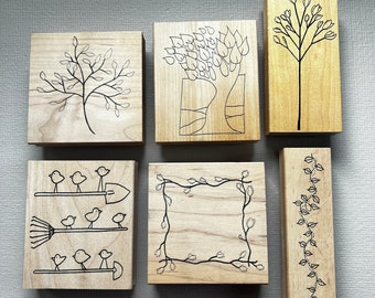 Vintage Rubber Stamp RubberMoon Nature Wood Mounted Stamps