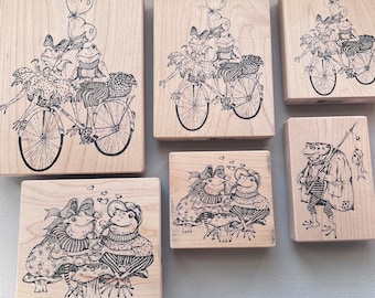 Vintage Rubber Stamp Cartoon Frogs Wood Mounted Stamps from Stampa Barbara