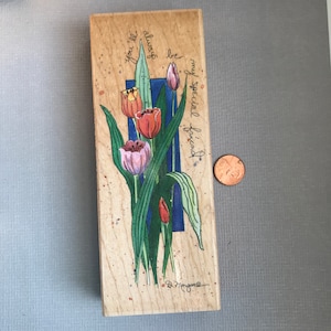 Retired Vintage Stamps Happen Friend and Flower Wood Mounted Rubber Stamp
