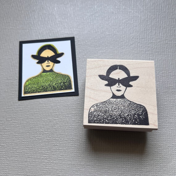 Winged Eyes Lady Collage Rubber Stamp, Wood Mounted Stamp from Wendy York