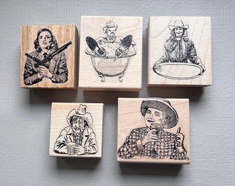 Vintage Rubber Stamps Cowboy or Cowgirl Western Wood Mounted Stamps