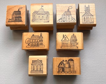 Vintage Extremely Rare Small Houses Rubber Stamp from Kidstamps