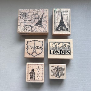 Timbres en caoutchouc vintage Londres ou Paris Tour Eiffel collage voyage timbres montés sur bois