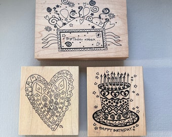 Rubber Stamp Birthday or Heart Vintage Wood Mounted Rubber Stamps