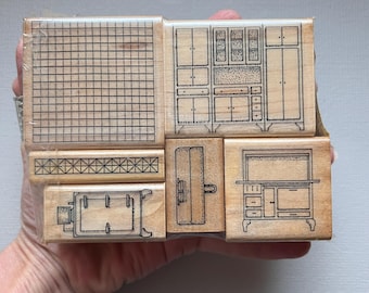 Rubber Stamp 6 Kitchen Miniature Doll House Furniture Rare Vintage Scenic Stamp Set from Stamp Cabana