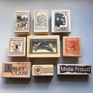 Timbres en caoutchouc pour la poste, les voyages, l'art postal de première classe, les timbres montés sur bois, postoïdes, vintage