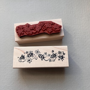 Bee and Flower Line Border Rubber Stamp