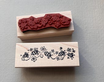 Bee and Flower Line Border Rubber Stamp