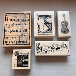 Rubber Stamps Music Violin Collage Vintage Wood Mounted Rubber Stamps