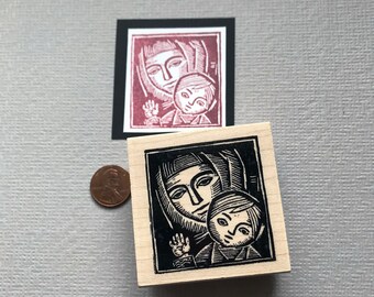 Wood Carved Rubber Stamp Mother and Child