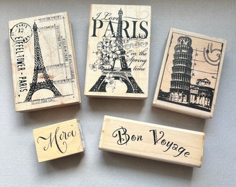 Vintage Travel Rubber Stamp Eiffel Tower, Leaning Tower of Pisa and Bon Voyage