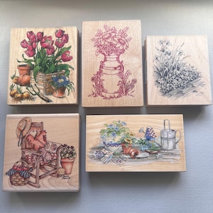 Vintage Rubber Stamps Garden Theme Scenic Nature Wood Mounted Stamps