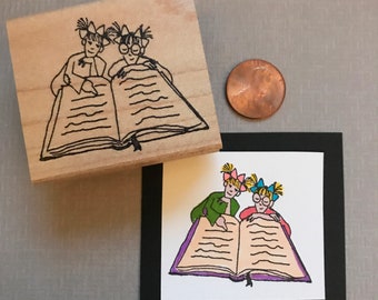 Rubber Stamp Book Club Reading Little Ladies Wood Mounted Stamp