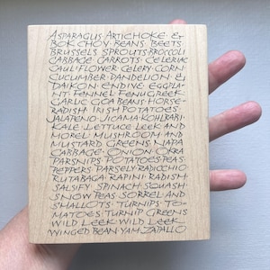 Vintage Calligraphy Food Words Background from Stamp in the Hand Wood Mounted Rubber Stamp