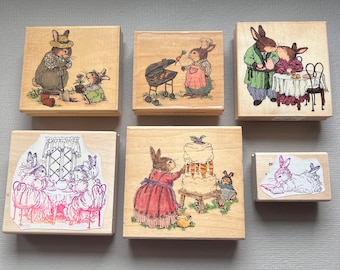 Vintage Rubber Stamp Holly Pond Hill Cute Rabbits Wood Mounted Stamps