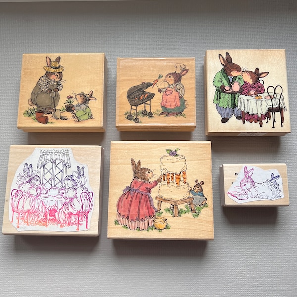 Vintage Rubber Stamp Holly Pond Hill Cute Rabbits Wood Mounted Stamps