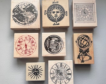 Vintage Clock and Globes Map Sun Wood Mounted Rubber Stamps