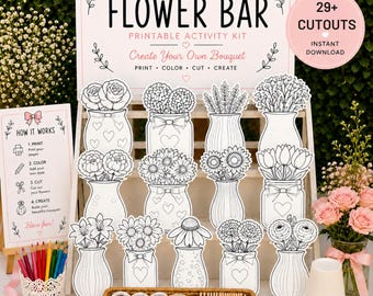 DIY Flower Bouquet Activity | Flower Bar Printable Kit Kids Craft Station|Baby Shower Printable | Classroom Craft | Flower Coloring Activity