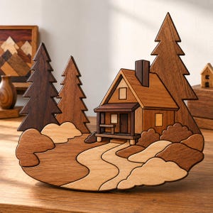 Op de afbeelding: Een decoratief houten kunstwerk met een blokhut met schoorsteen, omringd door dennenbomen en heuvels. Het tafereel is gemaakt van verschillende tinten natuurlijk hout, wat een gelaagd landschap vormt met een pad naar de blokhut.