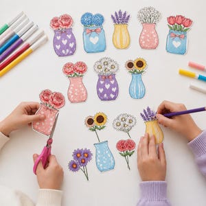 May include: A collection of colorful flower stickers in vases, with a variety of blooms like roses, sunflowers, and lavender. The stickers are being cut and colored with markers and pencils, suggesting a craft project.