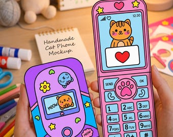 Printable Flip Phone Craft | DIY Paper Phone Toy PDF | Screen Free Kids Activity | Cute Cat Printable | Pretend Play Toy | Digital Download