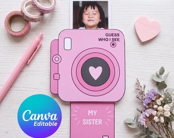 Vorlage für eine ausziehbare Fotokarte zum Ausdrucken, bearbeitbare Canva-Geschenkvorlage, DIY-Polaroidkarte, personalisiertes Geschenk zum Muttertag und für die beste Freundin