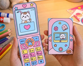 Bastelvorlage für ein Klapphandy | DIY-Papierhandy (PDF) | Bildschirmfreie Kinderaktivität | Niedliche Katzenvorlage zum Ausdrucken | Spielzeug zum Rollenspiel | Digitaler Download