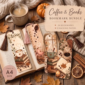 Kaffebokmärken, paket med 24 kawaii-bokmärken, present till bokälskare, utskrivbara bokmärken digitalt nedladdning, läspresent till henne, kaffetema