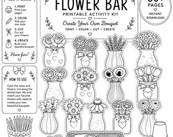 Klassenzimmer Handwerk Blumenleiste Printable | DIY Blumenstrauß-Aktivität | Kinder Bastelstation | Blumen Färbung Aktivität | Babyparty bedruckbar