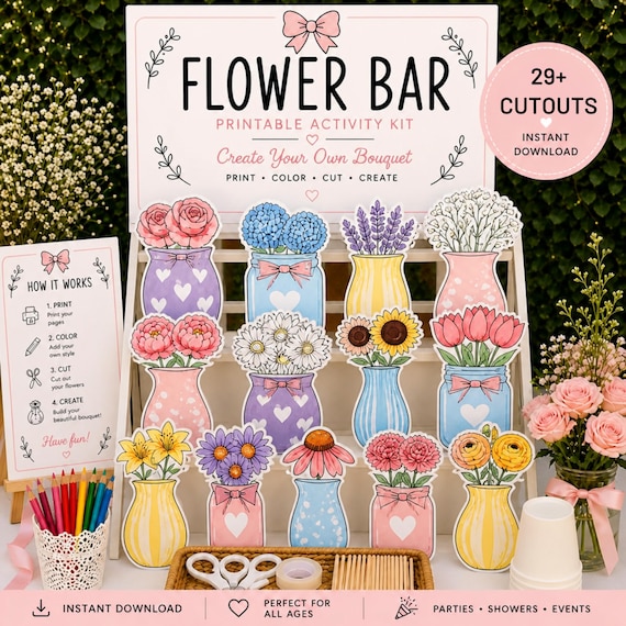 Printable Flower Bouquet Activity | Flower Bar DIY Kit | Kids Craft Printable | Classroom Flower Activity | Baby Shower Craft